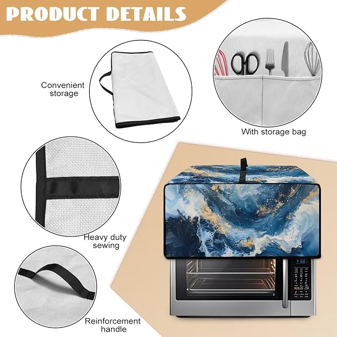 Blue Golden Marble Texture Print Microwave Oven Cover Dust-Proof Polyester-Linen Fabric Toaster Oven Cover Easy to Clean Microwave Grill Cover Protector with Top Handle, L
