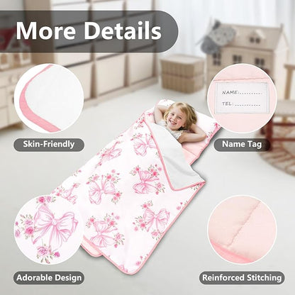Primlect Lightweight Toddler Nap Mat Perfect for Warm Sleepers, Portable Sleeping Bag with Removable Pillow and Fleece Blanket, Washable, Great for 3 Seasons, Daycare, Preschool, Boy and Girls