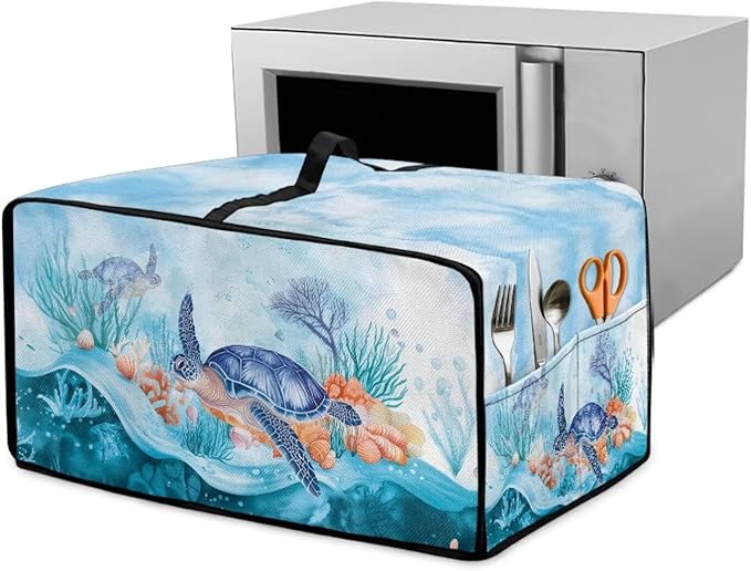 Microwave Oven Dust Cover Air Fryer Toaster Oven Protector with Storage Pockets, Stain-resistant for Small Appliances, L, 18.5 x 22.5 x 13 Inches, Sea Turtle Coral Reef Blue