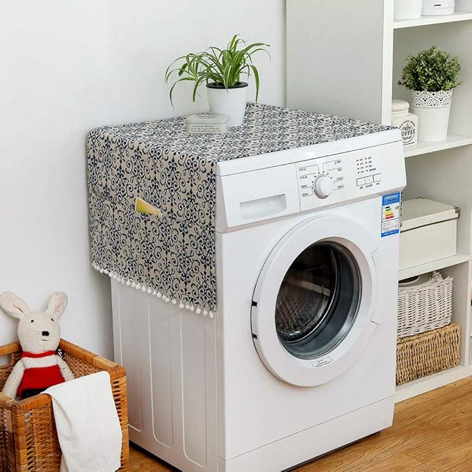AKOAK 1 Pack 55 x 130cm /22 "x 51" Geometric Washing Machine Refrigerator Dust Cover, Multi-Purpose Household Cotton Linen Dust Microwave Cover, with Storage Pouch (Blue and White Porcelain)