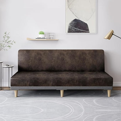molasofa Leather Like Stretch Futon Slipcover Armless Futon Bed Sofa Cover Furniture Protector with Elastic Bottom, Soft and Washable Futon Cover for Sofa Bed Stay in Place（Larger，Dark Brown）