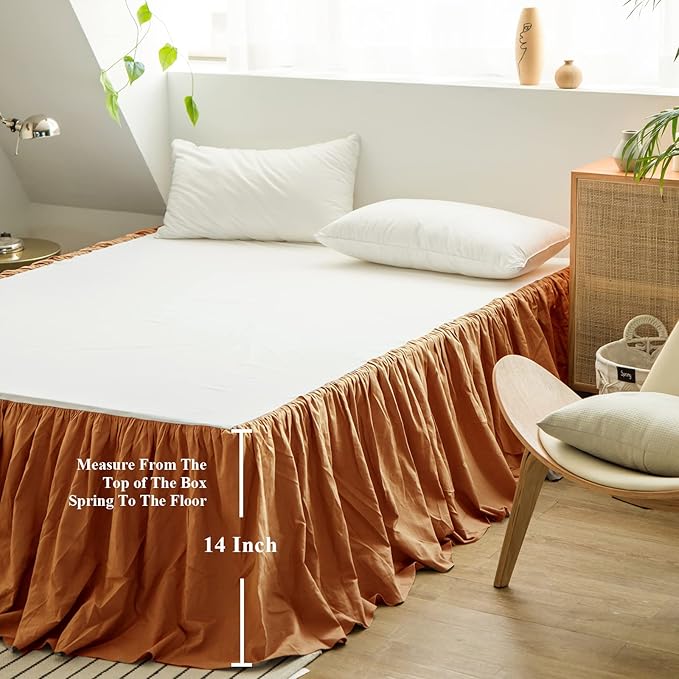 BISELINA French Linen Bed Skirt with Pleated Frills 14-Inch Tailored Drop Natural Flax Cotton Blend Dust Ruffle Soft Cozy Farmhouse Bedding (14" King, Rust)