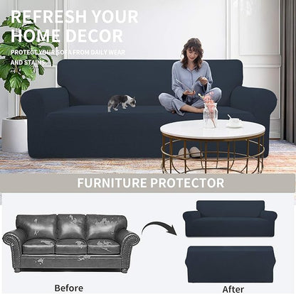 Easy-Going Stretch Oversized Chair Sofa Slipcover 1-Piece Couch Sofa Cover Furniture Protector Soft with Elastic Bottom for Kids Spandex Jacquard Fabric Small Checks Dark Blue