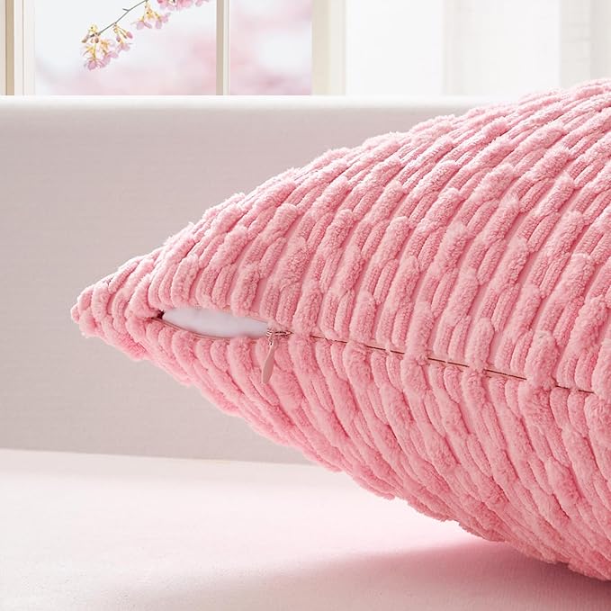 Kevin Textile Valentines Day 12x20 Inch Pillow Cover 1 Pack Boho Decorative Soft Striped Corduroy Lumbar Farmhouse Accent Rectangle Cushion Case for Living Room Couch Sofa Bed, Pink
