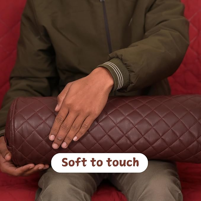 Neck Roll Pillow Cushion Cover, 22x6 Inch Full Moon Round Bolster Pillow Case, Cylinder Soft Lambskin Leather Pillowcase for Head, Spine & Neck Support During Sleep - Quilted Dark Brown Pack of 2