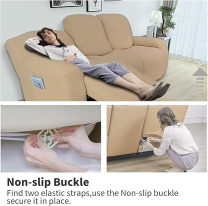 Easy-Going 8 Pieces Recliner Sofa Stretch Sofa Slipcover Sofa Cover Furniture Protector Couch Soft with Elastic Bottom Kids, Spandex Jacquard Fabric Small Checks Sand