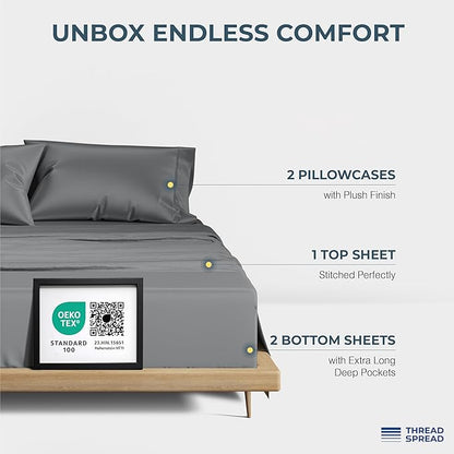 THREAD SPREAD 100% Egyptian Cotton Split King Sheets Sets for Adjustable Bed - Luxury 1500 Thread Count Split Top King Sheets (5 PC, Dark Grey), Soft, Cooling, Sateen Weave 17" Deep Pocket Sheet Set