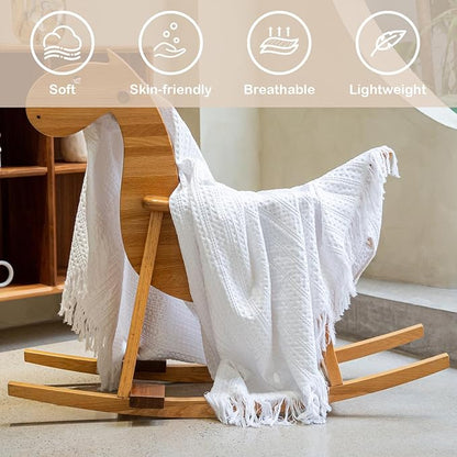 100% Cotton Waffle Blanket with Fringe, Pre-Washed Waffle Weave Blanket for All Season, Lightweight Breathable Soft Cozy Throw Blanket for Couch, Bed, Travel (White - 66x90 Inches)