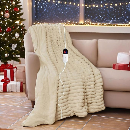 Electric Blanket, Soft Stripe Heated Blanket with 6 Heating Levels & 10 Hours Auto Shut Off with Fast Heating, Machine Washable, Khaki, 90 x 100 Inch