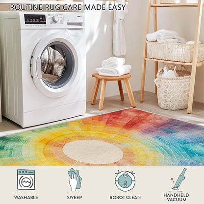 6x9 Colorful Area Rug Boho Sun Purple Red Orange Yellow Blue Green Rug Non Slip Low Pile Large Carpet for Home Kitchen Living Room Bedroom Dining Room Office