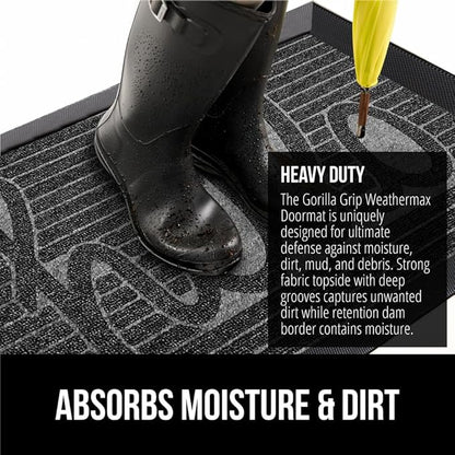 GORILLA GRIP 100% Waterproof All-Season WeatherMax Doormat 35x23, US Designed Natural Rubber, Stain and Fade Resistant, Low Profile Indoor Outdoor Door Mats, Easy Clean Patio Mat, Charcoal Hello