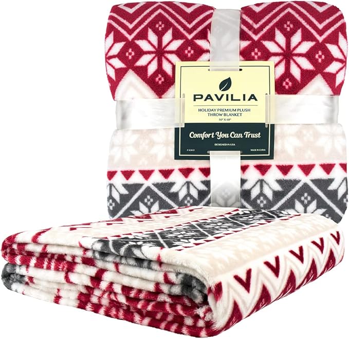 PAVILIA Christmas Throw Blanket | Holiday Christmas Red Fleece Blanket | Soft, Plush, Warm Winter Cabin Throw, 50x60 (Red Snowflakes)