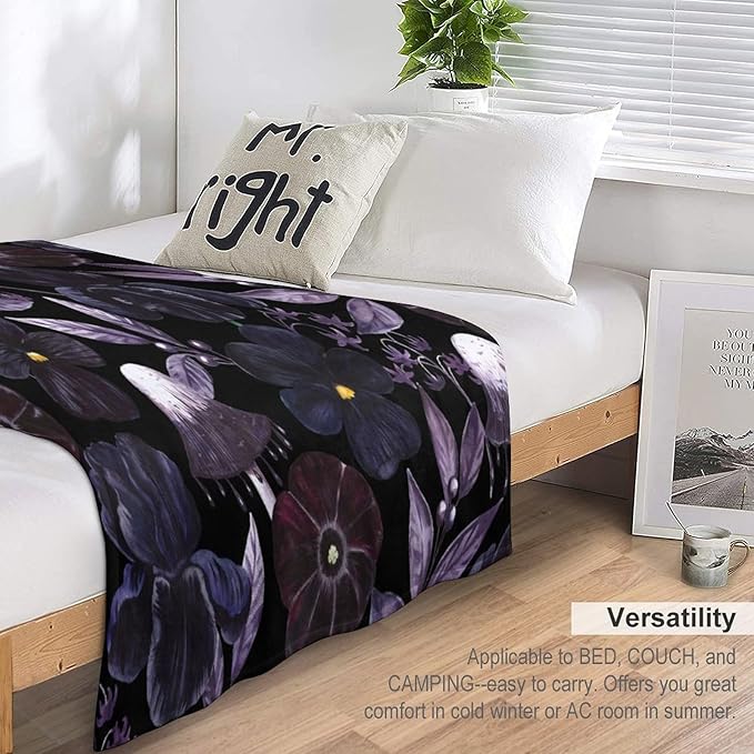 Gothic Floral Blanket, Vintage Abstract Black Purple Peony Flowers Mushroom Print Throw Blanket for Room Bedding Couch Decor Soft Lightweight Warm Cozy, 30"x40"