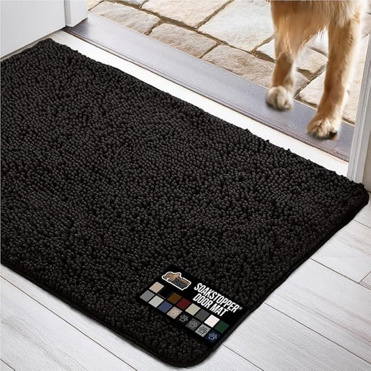 GORILLA GRIP SOAKSTOPPER Dog Door Mat, Machine Washable Rug Absorbent Doormat Captures Moisture Mud Dirt, Quick Dry Soft Chenille Entryway Rugs Indoor Entrance Mats for Dog Paws, 24x17 Black