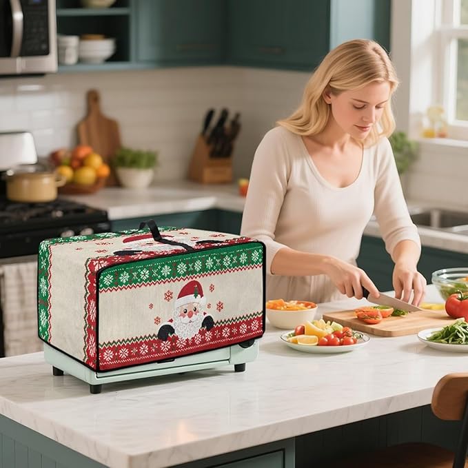 Christmas Countertop Convection Oven Cover Decorative Air Fryer Toaster Oven Dust Cover for Winter Holiday Home Kitchen Indoor Decor, M, Santa Claus Snowflake Red Green Beige
