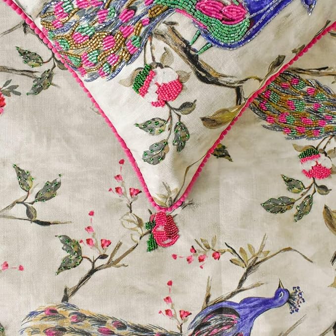 The HomeCentric King/Queen/Twin Pink & Purple Decorative Queen 74"x18" Bed Runner Without Pillow Cover, Peacock, Beaded, Pom Pom Lace Bed Scarf on Cotton Fabric - Pavo Paradiso