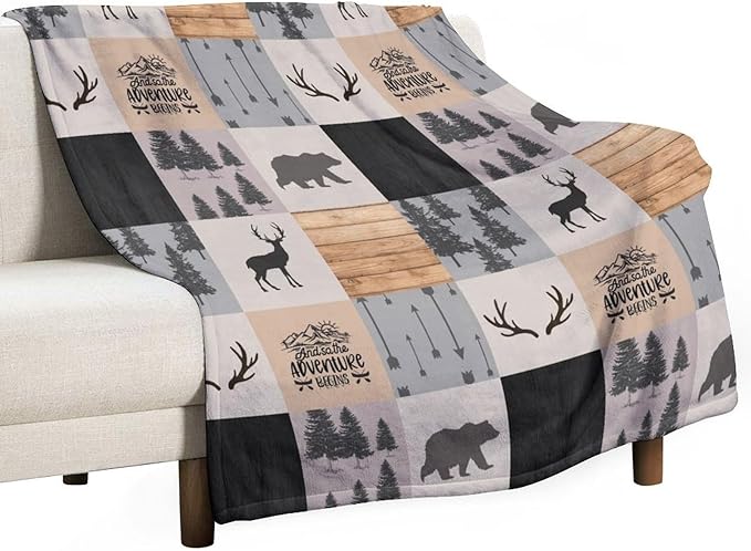 Rustic Cabin Throw Blanket, Retro Camping Bear Deer Farmhouse Wildlife Tree Forest Brown Gray Print Warm Flannel Blanket for Bedroom Camping Travel, 50"x60"