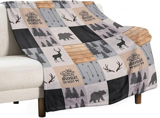 Rustic Cabin Throw Blanket, Retro Camping Bear Deer Farmhouse Wildlife Tree Forest Brown Gray Print Warm Flannel Blanket for Bedroom Camping Travel, 50"x60"