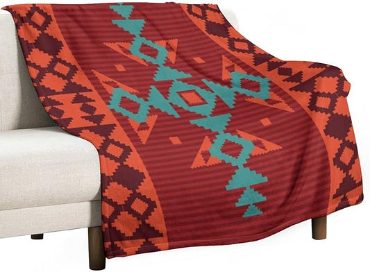 Aztec Throw Blanket, Red Native Southwestern Boho Blanket for Couch Bed Chair Outdoor Travel 30"x40"