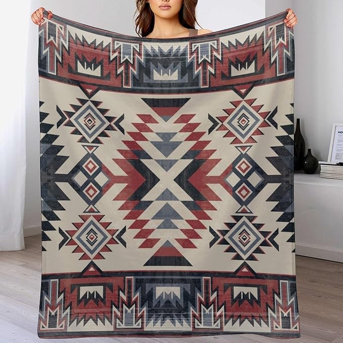Southwest Blanket, Tribal Indian Throw Blanket Red Black Aztec Ethnic Geometric Print Blanket for Couch Bed Sofa Cover Throw Home Decor 50"x60"