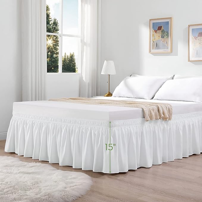 RIMELA White Bed Skirt Queen Size 15 Inch Drop, Elastic Bed Skirting for Bed Base and Frame, Bedding Dust Ruffle Easy to Install, Wrap Around Adjustable Bedskirt
