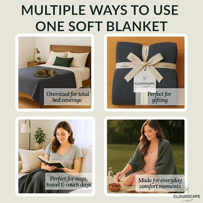 Cloud Scape Linen 4 Layer Oversized Muslin Blanket King Size - 100% Cotton, Lightweight & Breathable All Season Blanket for Bed, fits California King, 92x108, Dark Grey