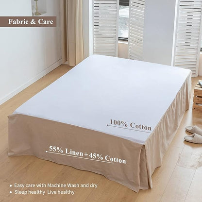 BISELINA French Linen Bed Skirt with Pleated Corner 18-Inch Tailored Drop Natural Flax Cotton Blend Basic Dust Ruffle Soft Cozy Farmhouse Bedding (18" Queen, Basic Linen)