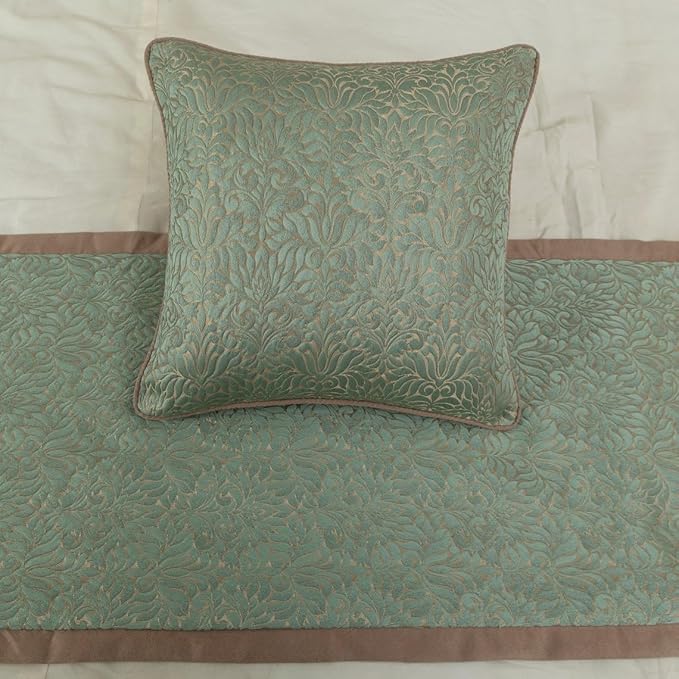 The HomeCentric King/Queen/Twin Blue & Beige Designer Twin 53"x18" Bed Runner with Pillow Cover, Damask Bed Scarf on Jacquard Fabric - Arabella