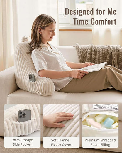 Blissful Diary Reading Pillow for Sitting in Bed, Flannel Back Pillow Bed Sitting Up for Adult & Children, Backrest Cushion for Sit Up in Couch or Floor, Dorm Essentials, Ivory White