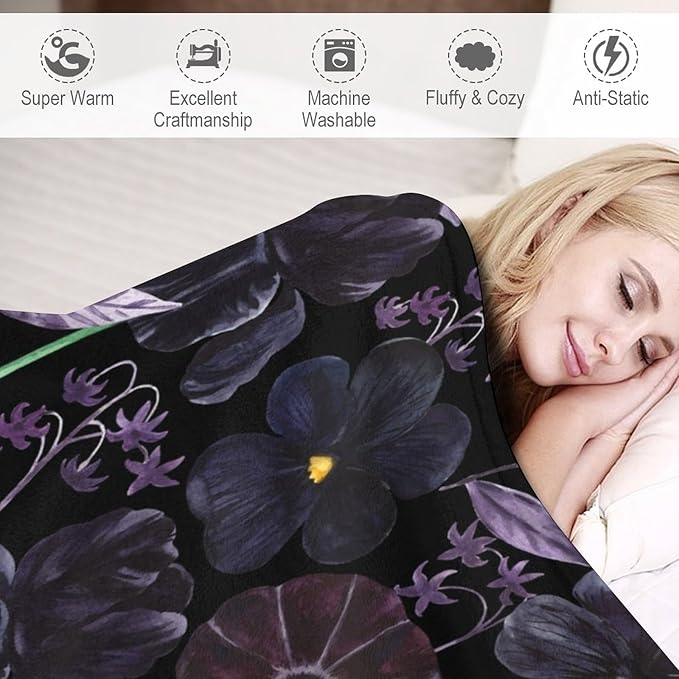 Gothic Floral Blanket, Vintage Abstract Black Purple Peony Flowers Mushroom Print Throw Blanket for Room Bedding Couch Decor Soft Lightweight Warm Cozy, 50"x60"