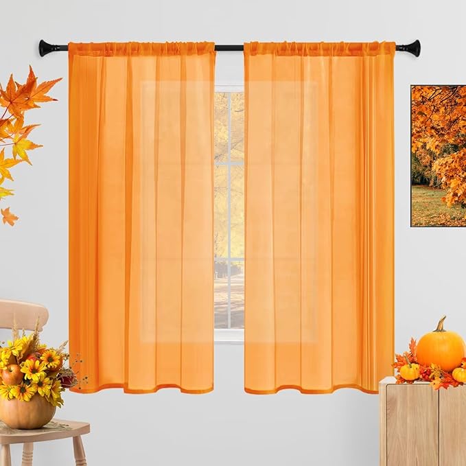 Sheer Curtains 54 Inches Long 2 Panels, Rod Pocket Short Curtain for Kitchen, Bedroom, Cafe Window(Orange 38" W x 54" L)