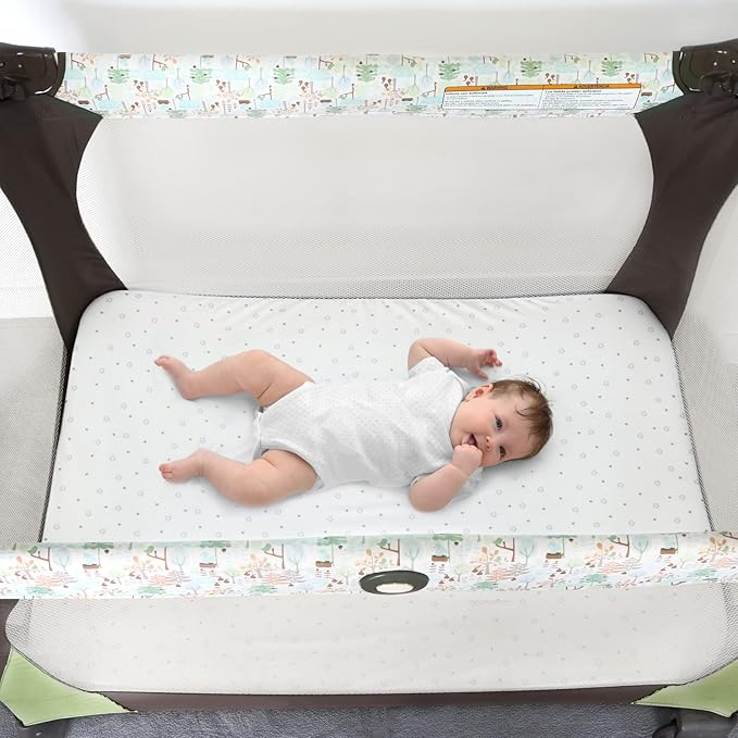 Mini Crib Sheets Fitted 38" x 24"- Compatible with Dream On Me, Babyletto, Davinci & Delta Mini Crib Mattress Pad, Stretchy Soft Mini Crib Sheets Neutral for Baby Boy Girl, Grey & White Star - 2 Pack