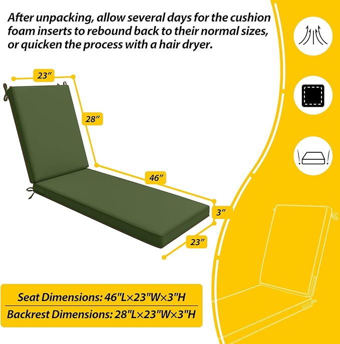 AAAAAcessories Outdoor Chaise Lounge Cushions, Waterproof, Fade-Resistant Patio Furniture Replacement Cushions, 74" x 23" x 3", Set of 2, Woodland Green