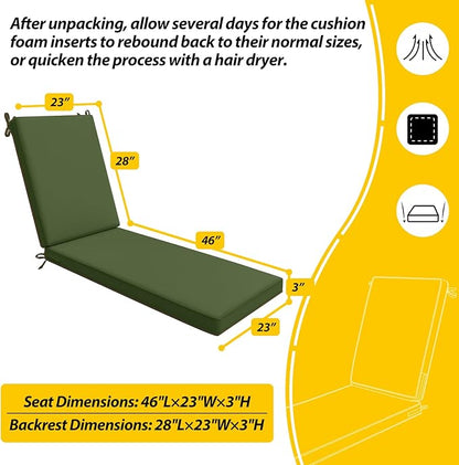 AAAAAcessories Outdoor Chaise Lounge Cushions, Waterproof, Fade-Resistant Patio Furniture Replacement Cushions, 74" x 23" x 3", Set of 2, Woodland Green