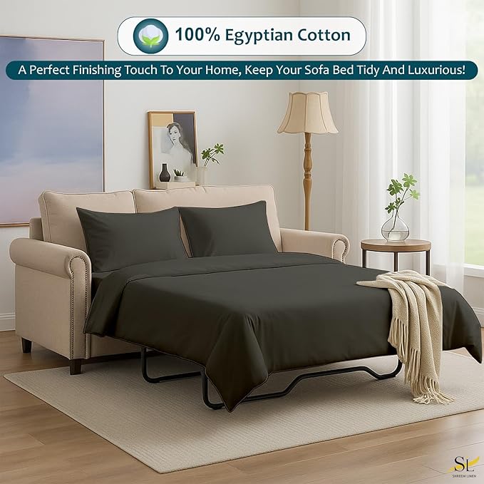 Luxury Queen Sleeper Sofa Bed Sheet Set,100% Egyptian Cotton, 338 Thread Count, Queen Size (60 x74 +6 Inch Deep Pocket) Soft and Light Weight 4pcs Sofa Set (Dark Grey Solid)