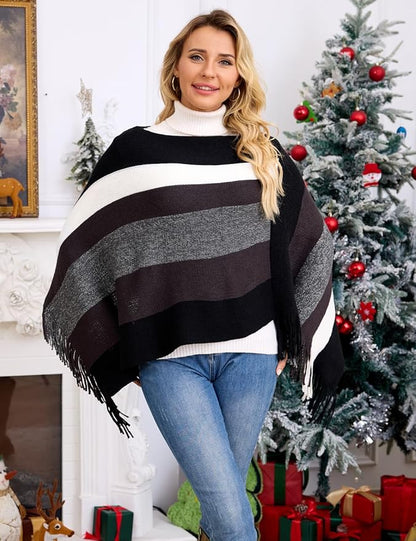 Ferand Women's Striped Poncho Sweater Cozy Knit Fringe Shawl Wraps for Fall Winter