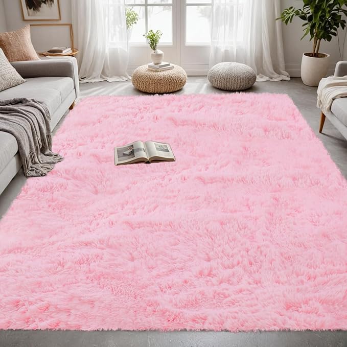 8x10 Area Rugs for Living Room Rug: Soft Fluffy Shag Light Pink Rugs for Bedroom, Non-Slip Large Fuzzy Plush Rug Indoor Floor Carpet for Nursery Kids Boys Girl Room, Dorms, Playroom, Modern Home Decor