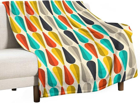 Mid Century Throw Blanket, Modern Drop Shape Retro Colors Boho Orange Teal Black Geometric Pattern Throws Blankets for aby Toddler Dog Cat 50"x60"