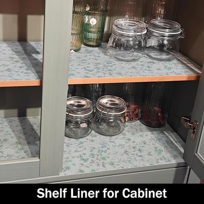 Blue and Green Floral Shelf Liners Non Adhesive and Strong Non-Slip Shelf and Drawer Liners for Kitchen Cabinet Wire Fridge, Waterproof Shelf Drawer Liner,Easy to Clean,12IN x 10FT