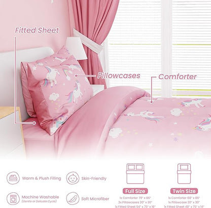 SANDJEST Unicorn Comforter Set Full Size 98x86in for Kids Girls, Microfiber 4 Pcs Bedding Set Includes 1 Comforter, 2 Pillowcases, 1 Fitted Sheet, Nursery Room Decor