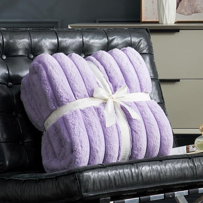 Cozy Bliss Faux Fur Throw Blanket for Couch, Cozy Warm Plush Striped Blanket for Sofa Bedroom Living Room, 90 * 90 Inches Lavender