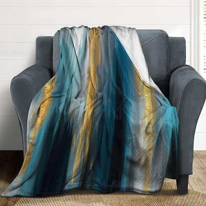 Fashion Gradient Blanket, Modern Abstract Art Gold Lake Blue Painting Strokes Pattern Soft Warm Cozy Plush Flannel Covers for Livingroom Bedroom Couch Chair Camping Travel Home Decor Tapestry 50x60in