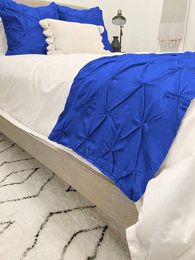 Bed Runner Set - 100% Pure Cotton 800 Thread Count - Luxury 1 Pinch Pleated Bed Runner and 2 Pillow Cover - 3 Piece Pinch Pleated Bed Runner Set Queen, Royal Blue