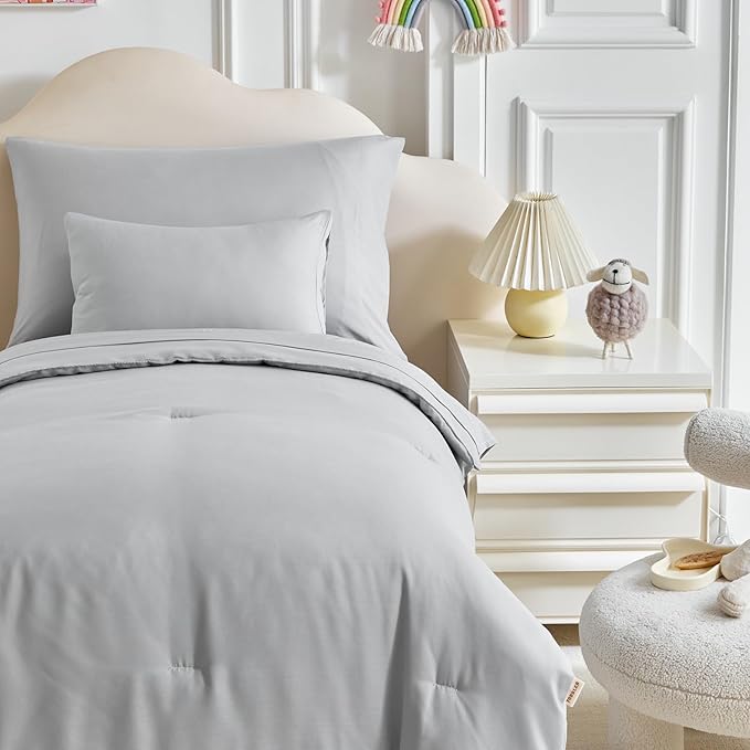 Toddler Bedding Set - 5 Piece Soft and Breathable Toddler Bed Set for Boys and Girls, Includes Quilted Comforter, Fitted Sheet, Flat Top Sheet, Standard Pillowcase and Toddler Pillowcase, Gray