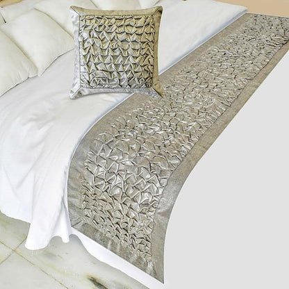 The HomeCentric King/Queen/Twin Silver Decorative Bed Runner CA King 86"x18" Bed Runner Without Pillow Cover, Foil, Knotted,Textured Bed Scarf on Jacquard Fabric - Polished Silver
