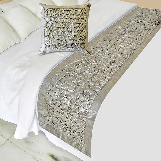 The HomeCentric King/Queen/Twin Silver Decorative Bed Runner Twin 53"x18" Bed Runner with One Pillow Cover, Foil, Knotted,Textured Bed Scarf on Jacquard Fabric - Polished Silver