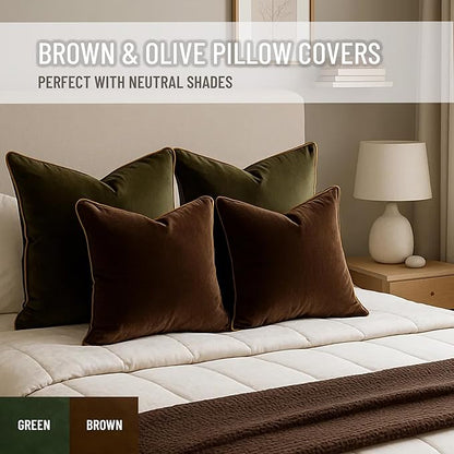 2 Pack Velvet Decorative Throw Pillow Covers, 12"x20", Brown and Camel, Solid, Modern, Contrast Piping, Indoor Use, Bedroom & Living Room