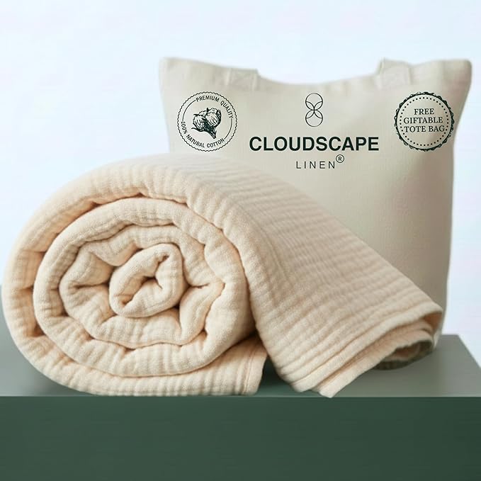 Cloud Scape Linen Oversized 4 Layer Muslin Blanket Queen Size - 100% Cotton, Lightweight & Breathable All Season Gauze, Pre-Washed, fits Full Bed, 92x92, Ivory