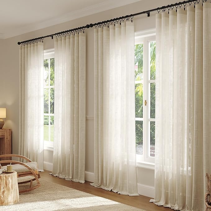 Anmao Natural Linen Curtains for Living Room 63 Inch Length 2 Panels Set, Light Filtering Semi Sheer Window Curtain Drapes for Bedroom with Curtain Rings and Clips, 52 Inch Wide Each Panel, Ecru