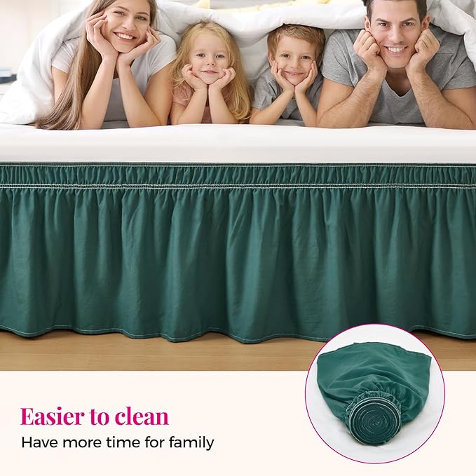 RIMELA Emerald Green Bed Skirt Queen Size 18 Inch Drop, Wrap Around Elastic Bedskirt, Dust Ruffle for Adjustable Bed Base Machine Washable Easy to Install Bed Skirts,Christmas Bedroom Decor
